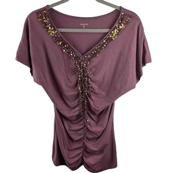 Garnet Hill Womens XS V Neck Sequin Tassel Trim Ruched Mauve Short Sleeve Blouse - Picture 1 of 8